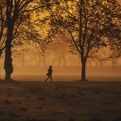 Silhouette of a person exercising against a sunrise.